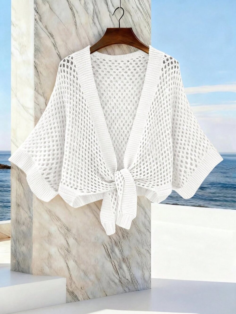 White Casual Women's Hollow V-Neck Tie Front Loose Versatile Sexy Cardigan